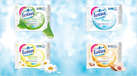 Lotus propose une gamme complète de papier toilette humide, composée de 4 variétés.