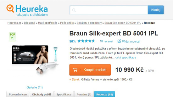 Na stránkách heureka.cz vyhledejte  <a href="http://epilatory.heureka.cz/braun-silk-expert-bd-5001-ipl/recenze/#section"><u> Braun Silk-expert BD 5001 IPL</u></a> a klikněte na "Recenze"