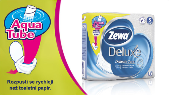 Toaletní papír Zewa Deluxe Delicate Care s jedinou splachovatelnou roličkou Aqua Tube®, která …