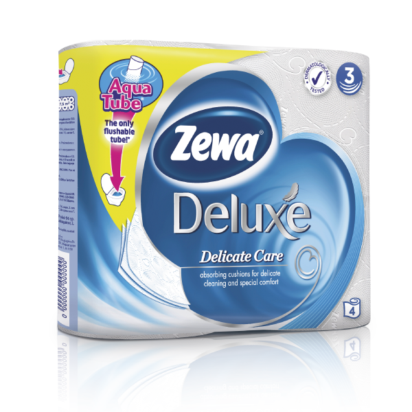 je přesvědčeno o tom, že toaletní papír Zewa Deluxe Delicate Care se splachovatelnou roličkou Aqua Tube® nabízí komfort a pohodlí na toaletě.