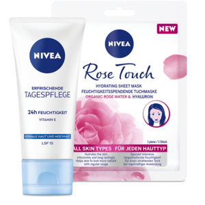 ERFRISCHENDE TAGESPFLEGE 24h + ROSE TOUCH HYDRATING FEUCHTIGKEITSSPENDENDE TUCHMASKE Feuchtigkeit