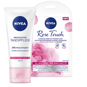 REICHHALTIGE TAGESPFLEGE 24H FEUCHTIGKEIT + ROSE TOUCH FEUCHTIGKEITSSPENDENDE HYDROGEL-AUGENMASKE