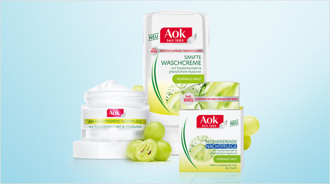 Für die Pflege von normaler und feuchtigkeitsarmer Haut hat Aok ihre neue Pflegelinie Traubenextrakt & pflanzliches Hyaluron kreiert.