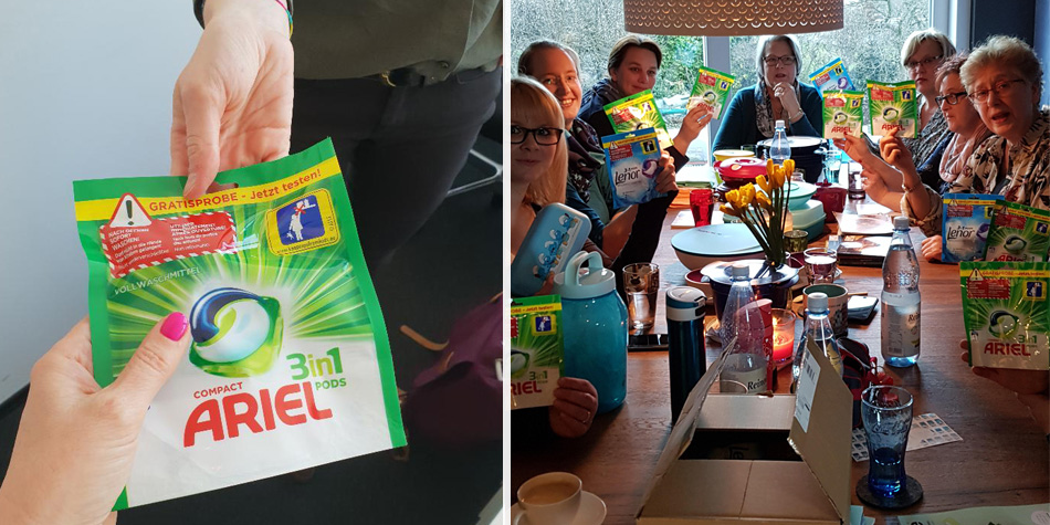 In der ersten Projektwoche haben wir fleißig Proben verteilt und Meinungen zu den Ariel 3in1 PODS eingeholt – bei der morgendlichen Kaffeepause im Büro, dem gemütlichen Mädels-Nachmittag oder der Wasch-Party zu Hause.