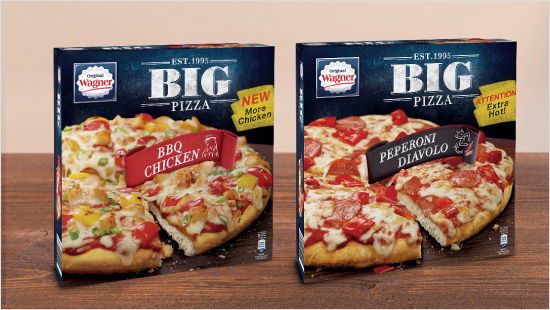 Insgesamt gibt es zehn unterschiedliche Sorten. Die sind zum Beispiel würzig bis feurig scharf, wie die BIG Pizza BBQ Chicken und die BIG Pizza Peperoni Diavolo. 