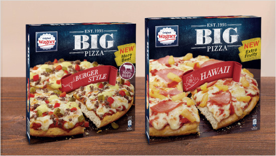 Echte Exoten kommen mit der BIG Pizza Burger Style und der BIG Pizza Hawaii auf den Tisch. 