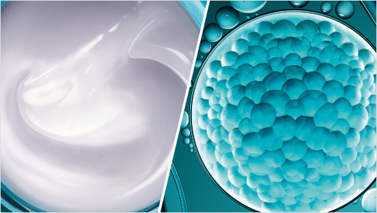 … bricht bei Hautkontakt in Millionen von Mikro-Tropfen auf. Diese dringen besonders tief und schnell in die Haut ein und glätten sie, indem sie Fältchen von innen heraus aufpolstern.