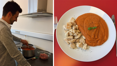 Hähnchen an Tomaten-Linsenpüree.