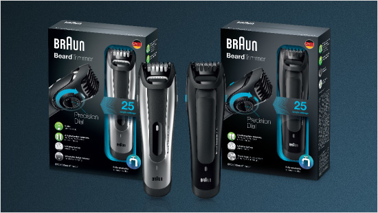 Der BT5090 (links) & der Braun BT5050 (rechts) besitzen beide ein Präszisionsrad und zwei Trimmaufsätze für 25 individuelle Längeneinstellungen. 
