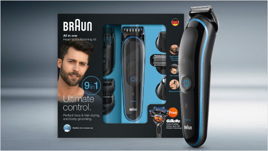 Das Multi-Grooming-Kit 3080, mit dem Körper- und Kopfhaare sowie Nasen- und Ohrbehaarung in Form gebracht werden können. 