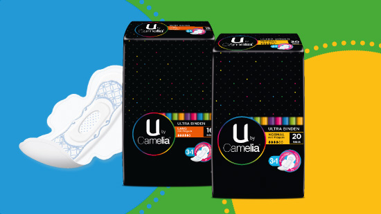 Mit einem saugstarken Kern und einer weichen Oberfläche bieten U by Camelia Ultra Binden Schutz und ein angenehmes Tragegefühl während Deiner Periode.