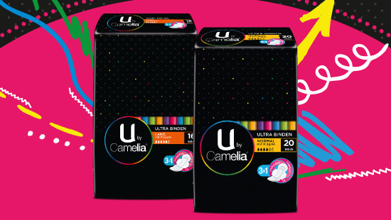 In schickem Schwarz mit bunten Akzenten soll die Verpackung der U by Camelia Produkte für frischen Wind im Drogeriemarktregal sorgen.