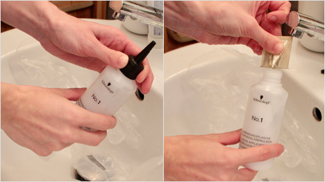 trnd-Partnerin letstestitbaby macht's vor: Color Expert Anwendungsflasche öffnen, Anti-Haarbruch Serum einfüllen.