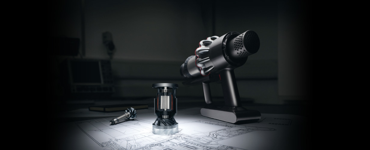Herzstück des Geräts ist der neu entwickelte Dyson Digitale Motor V10. Er rotiert mit bis zu 125.000 U/min und erzeugt eine konstant hohe Saugkraft.