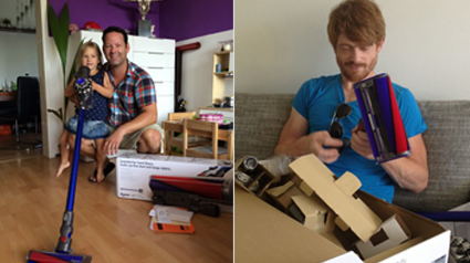 Die Startpakete mit dem Dyson v6 fluffy treffen bei den Onlinereportern ein.