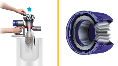 Der Dyson V8 Absolute ist mit einem Handgriff zu entleeren, ohne mit dem Staub in Berührung zu kommen und verfügt über einen Nachmotorfilter.