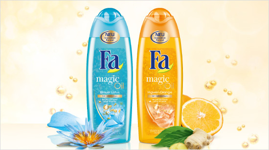 … mit dem feinen, erfrischenden Duft von „Blauer Lotus“ oder mit einer aromatisch-würzigen und fruchtigen Note im Fa Magic Oil „Ingwer-Orange“.