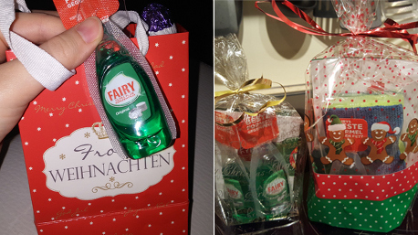 Unsere trnd-Partner haben die Fairy Ultra Plus Proben, Schwämme und Rabatt-Coupons bereits in weihnachtliche Geschenktüten verpackt, ...