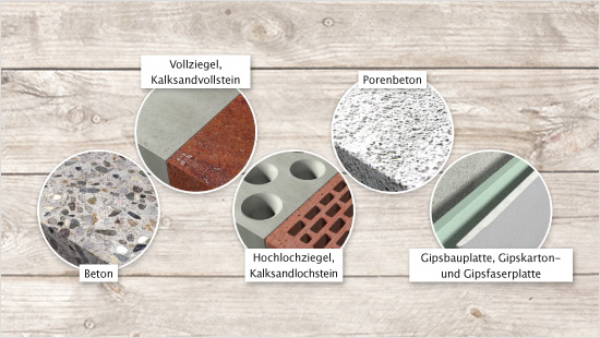 … vielen verschiedenen Materialien, beispielsweise Beton, Vollziegel, Kalksandvollstein, Porenbeton, Hochlochziegel, Kalksandlochstein, Gipskarton- und Gipsfaserplatte.