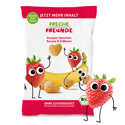 Fruchtig-frech Snacken mit dem Knusper-Trio Marc Mais, Bob Banane und Edda Erdbeere: Die Knusper-Herzchen von Freche Freunde: Ohne Zusatzstoffe, 100 % Bio, perfekt für kleine Hände sowie Zähnchen und praktisch für unterwegs.