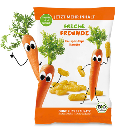 Die Knusper-Flips von Freche Freunde: Der gemüsige Bio-Snackspaß mit Marc Mais und Karl Karotte: ohne Zusätze, 100 % Bio, lecker und spaßig, dabei auch noch praktisch für unterwegs – ganz im Stil von Freche Freunde!