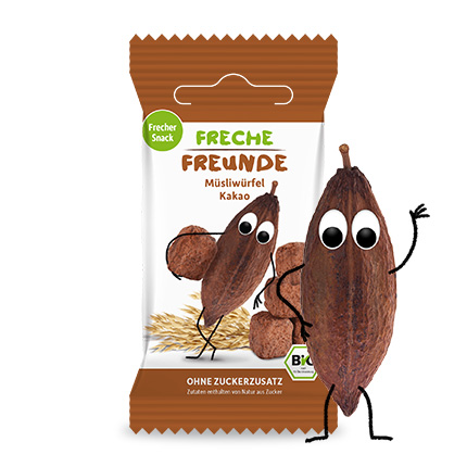 Wenn es unterwegs mal was schokoladiges sein soll, aber eben kein Schokoriegel, bieten sich die leckeren Freche Freunde Müsliwürfel Kakao an: Purer Kakao-Genuss mit Kalle Kakaobohne und Dylan Dattel im handlichen Beutel, ideal für unterwegs!