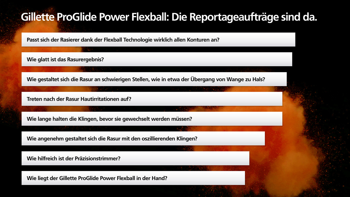 Die Reportageaufträge sind da.