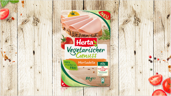 Herta Vegetarischer Genuss gibt es in drei Sorten: Als klassische Mortadella, der beliebtesten Aufschnittsorte, …