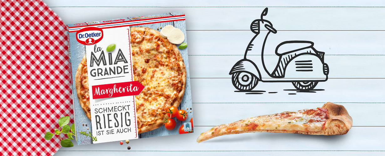 Der Klassiker: La Mia Grande Margherita mit Mozzarella, feinen Kräutern und Tomatensauce auf knusprig-dünnem Teig.