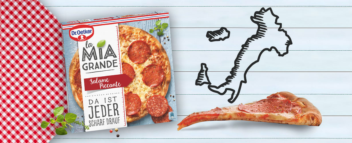 La Mia Grande Salame Piccante ist die leicht pikante Variante mit Pepperoni-Salami, Mozzarella und Tomatensauce.