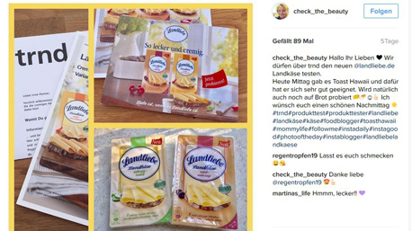 ...während trnd-Partnerin mikimi von ihren Erfahrungen mit dem Landliebe Landkäse ebenfalls auf Instagram berichtet...