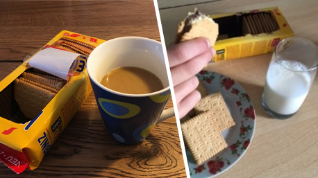 trnd-Partnerin ZweiterZwerg nascht Leibniz Keks’n Cream zu einer Tasse Kaffee, trnd-Partnerin sabrinaaa2014 zu einem Glas Milch. 