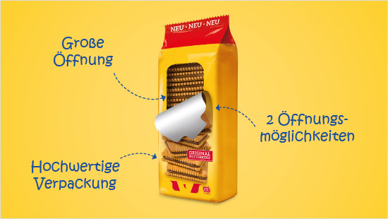 Ihre hochwertige Verpackung hat eine große Öffnung zum Reingreifen und kann an zwei Seiten aufgemacht werden – damit Du immer auf der richtigen Seite der Packung bist. 