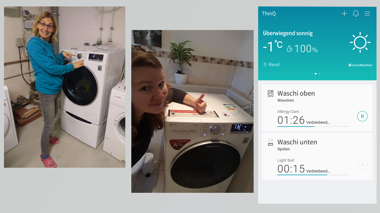 scholli7 zeigt sich beim Bedienen des Digitaldisplays, littlemum1216 macht deutlich, wie zufrieden sie bislang ist, und smiling_gabi hat  mit der LG ThinQ™ App ihre "Waschis" immer im Blick.
