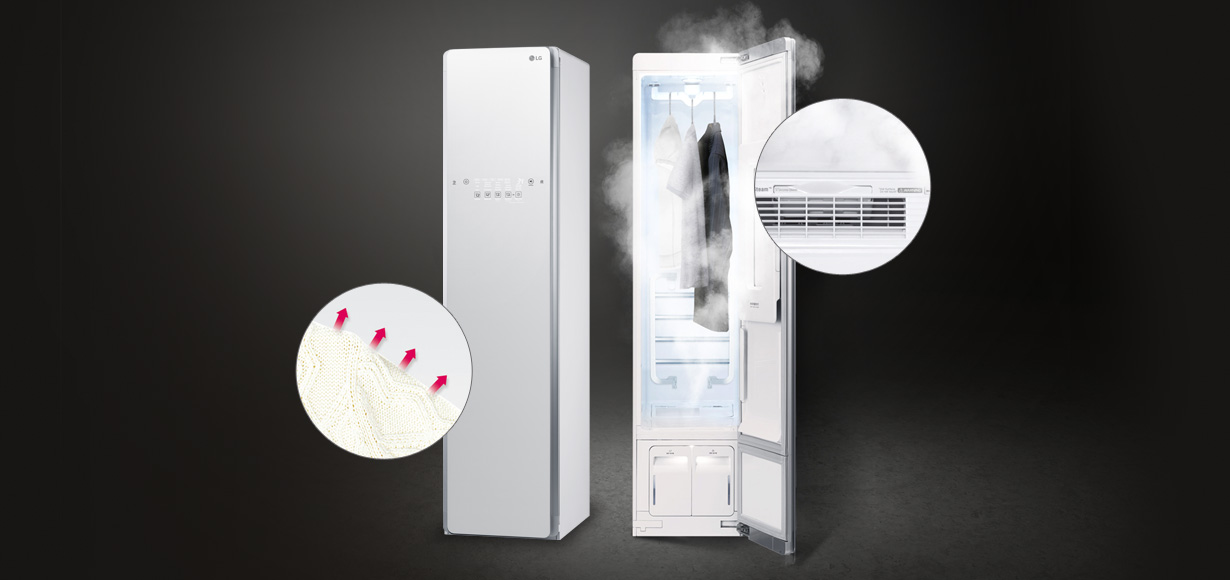 Der LG Styler frischt Kleider, Anzüge und vieles mehr auf und trocknet sie. Mit bloßem Wasserdampf entfernt er Falten und Gerüche und reduziert Allergene sowie Bakterien.