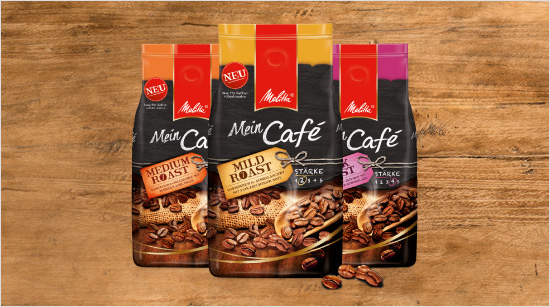 Neu von Melitta: Die Kaffee-Kompositionen „Mein Café“ gibt es als Ganze Bohne in drei verschiedenen Sorten.