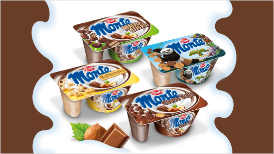 Monte Zwei-Kammer ergänzt das klassische Milchcremedessert durch knackige Knusperstückchen, Kekse und Waffeln für viele unterschiedliche Geschmackserlebnisse.