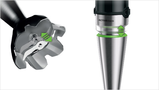 … ACTIVEBlade Technologie: Der flexible Schaft des Stabmixers überträgt dabei die Auf- und Abwärtsbewegungen des Verwenders auf die Messerklinge. Diese bewegt sich dann …