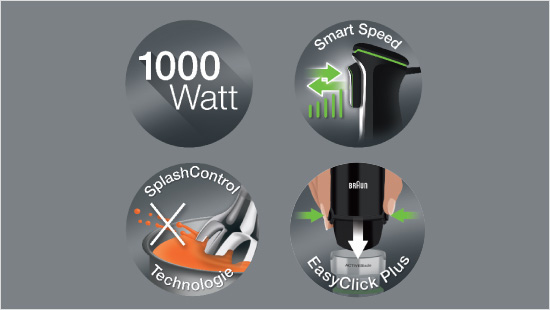 Außerdem verfügt der Braun MultiQuick 9 über einen starken Motor, stufenlose Geschwindigkeitsregulierung und SplashControl für sauberes Arbeiten. Zubehörteile lassen sich leicht lösen und austauschen.