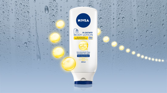 Die neue NIVEA In-Shower Q10 Body Lotion ist die erste hautstraffende Body Lotion für unter der Dusche. Sie versorgt die Haut mit intensiver Pflege.