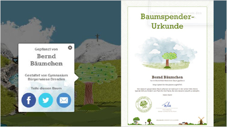 Schlussendlich kannst Du Dir Deinen virtuell gepflanzten Baum auf der Webseite anschauen, ihn mit Freunden teilen und erhältst eine Baumspender-Urkunde.