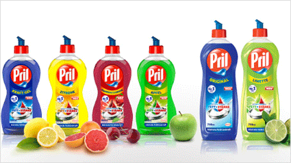 Pril Kraft-Gel gegen Fett + Stärke ist in verschiedenen Duftvarianten erhältlich.