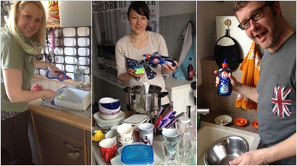 Der erste Abwasch mit Pril Kraft-Gel gegen Fett + Stärke.