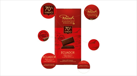 Seit Oktober 2014 hat die Plantagen-Schokolade von Rausch ein neues, modernes Verpackungsdesign.