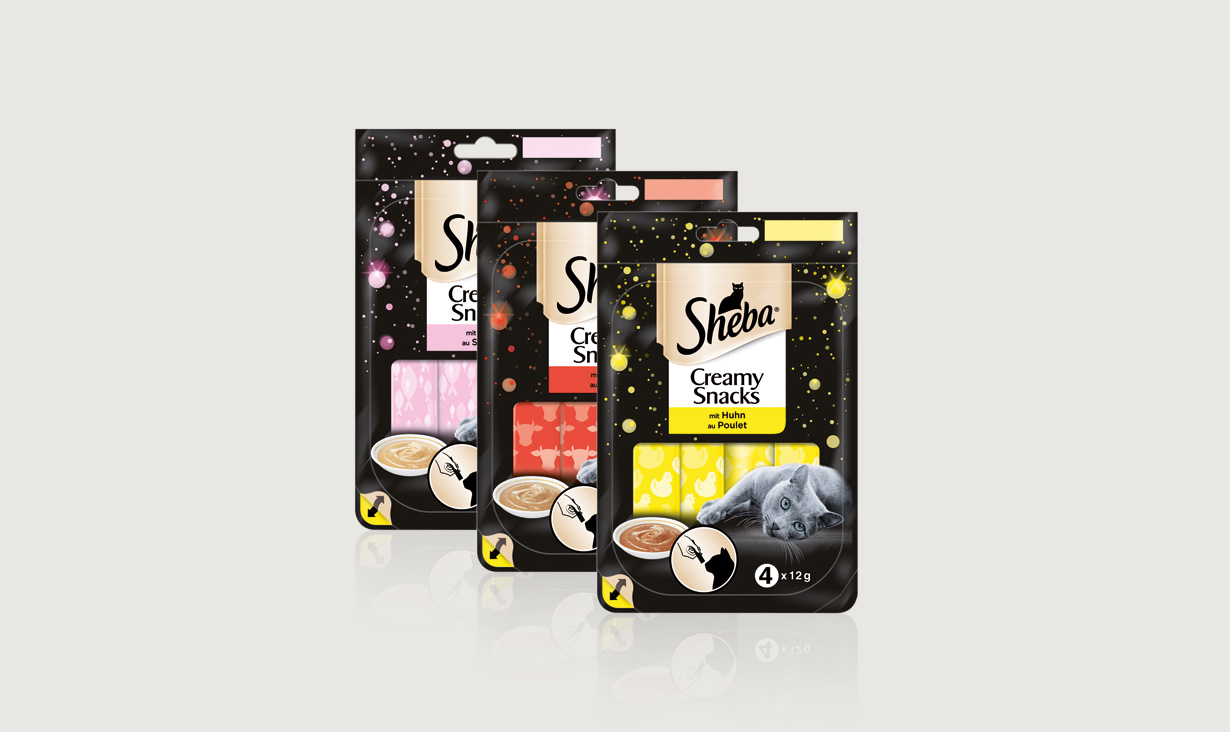 Sheba Creamy Snacks eignen sich besonders als kleine Aufmerksamkeit, wenn man nach Hause kommt – oder zum Verwöhnen zwischendurch.