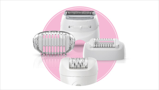 Vier verschiedene Aufsätze erweitern die Möglichkeiten des Braun Silk-épil 5 Wet & Dry – für angenehmes Epilieren, Rasieren und Trimmen.