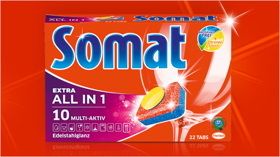 In den Somat 10 Extra All in 1 Spülmaschinentabs sind 10 Funktionen für glänzend sauberes Geschirr und eine gepflegte Spülmaschine vereint.