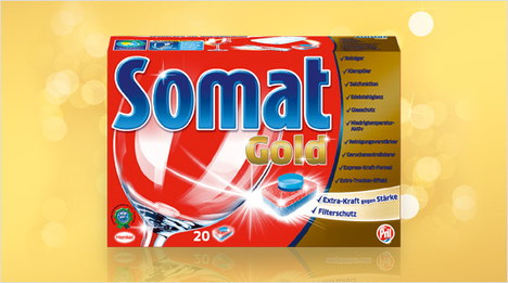 Seit August 2014 ist ein neues Spülmaschinentab erhältlich: Somat Gold bietet eine noch effektivere Reinigungskraft dank zwei neuer Funktionen.