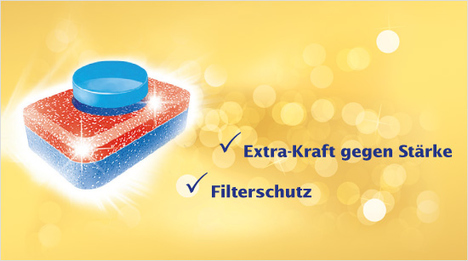 Mit der Extra-Kraft gegen Stärke entfernt Somat Gold auch eingetrocknete Verschmutzungen aus Stärke zuverlässig und ein Filterschutz hilft, fetthaltige Ablagerungen am Filter zu verringern.