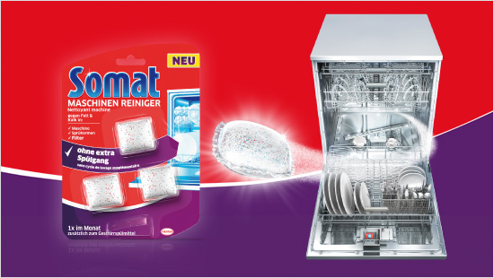 Reinigt die Spülmaschine ohne extra Spülgang: der Somat Maschinen-Reiniger.
